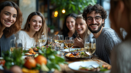 a group of diverse friends enjoying a meal together