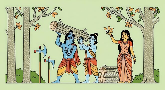 Rama, sita and lakshmana in the forest carrying wood and axes