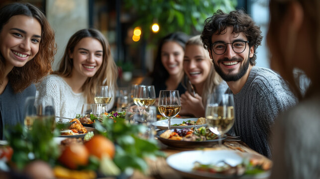 a group of diverse friends enjoying a meal together