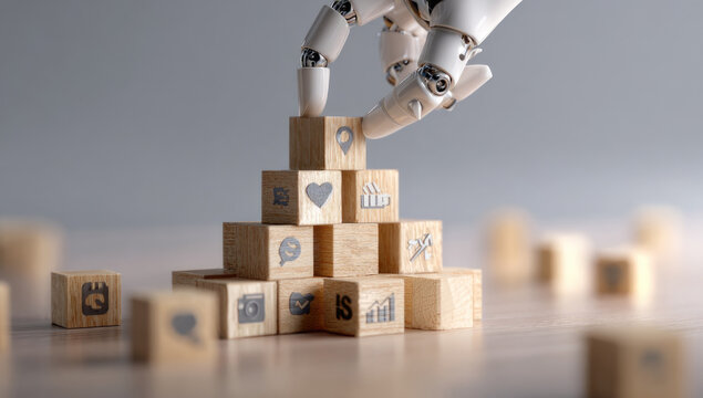 robot hand placing wooden blocks with marketing icons on them