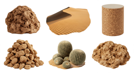 Group of Echinocactus grusonii Cacti with Sandy Base. PNG Transparent Background