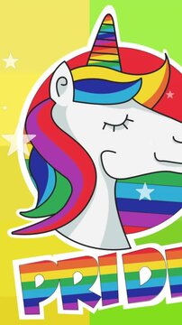 Animation of pride lgbtq text, unicorn and stars falling over rainbow background