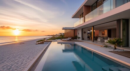 Fototapeta premium Luxurious beachfront villa with a swimming pool at sunset, tranquil scene.