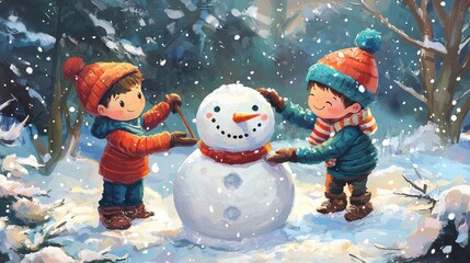 Two children making a snowman in a snowy landscape.