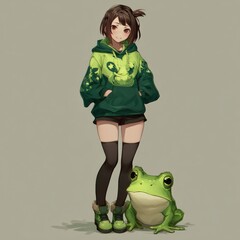 Young girl wearing a green hoodie with a frog design poses beside a large frog in a neutral background Generative AI