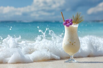 A pina colada in an elegant glass with a straw, on the beach sand
