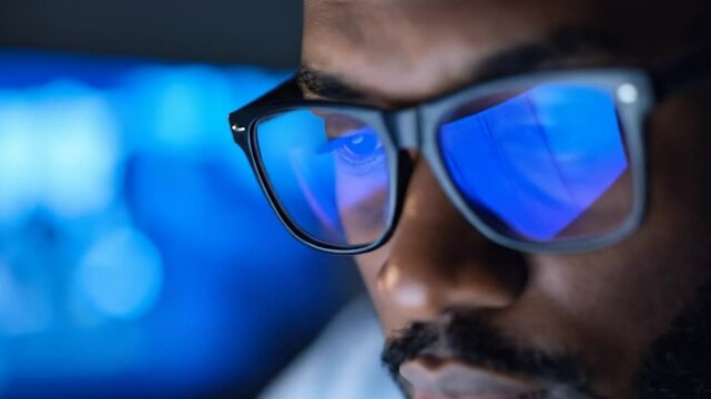 Intense focus man wearing glasses reflects screen glow on dark skin