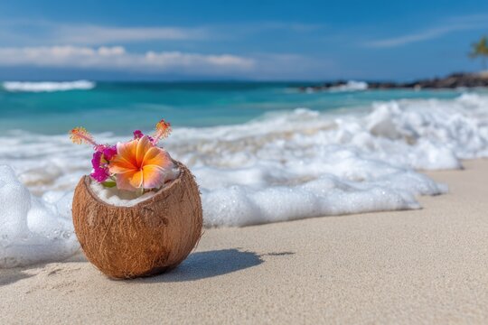 coconut with a straw and flower on a beach background - Powered by Adobe