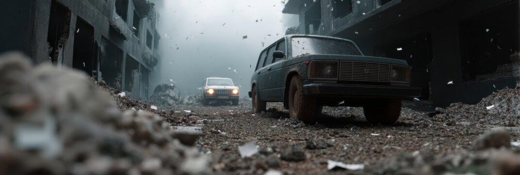 War-torn urban landscape with bullet riddled walls and abandoned vehicles