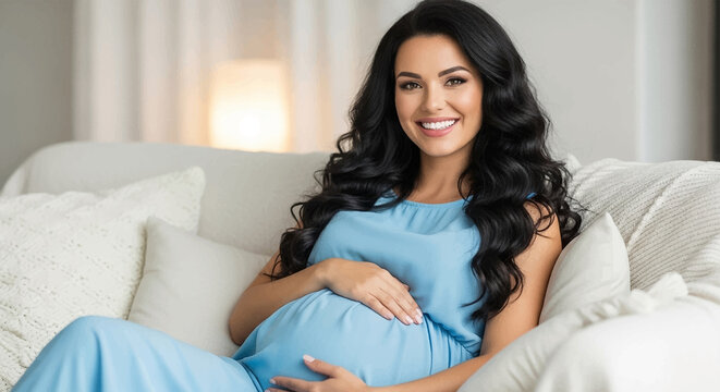 Happy pregnant woman relaxing on sofa