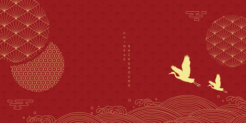 Naklejka na ściany i meble Japanese minimal background vector. Wallpaper design with line pattern, crane bird, sea wave on red background. Illustration for cover, banner, website, package, deco interior.