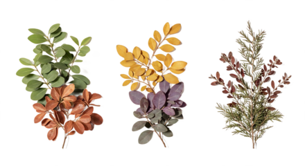Three Sprigs Green YellowPurple and GreenRed Branches with Varied Leaf Shapes. PNG Transparent Background