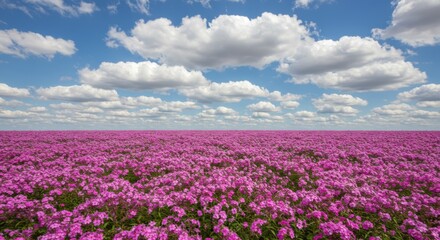 Pink Flower Field Under Blue Sky with Fluffy Clouds