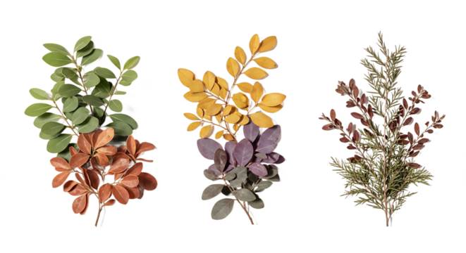 Three Sprigs Green YellowPurple and GreenRed Branches with Varied Leaf Shapes. PNG Transparent Background