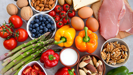 "Healthy Whole Foods Assortment – Colorful Clean Eating Ingredients Flat Lay"

