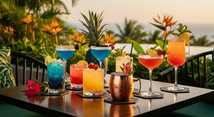 a collection of vibrant, colorful drinks arranged on a table, in a tropical resort setting, with lush green surrounding and a ocean view with sunset in the background. 