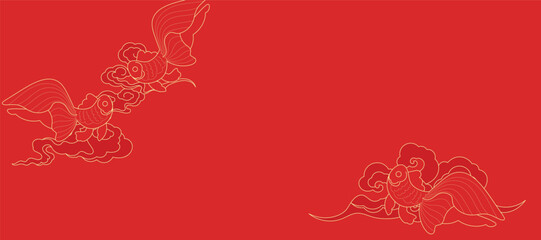 Japanese minimal background vector. Wallpaper design with gold fish and cloud gold line art on red background. Illustration for cover, banner, website, package, deco interior.