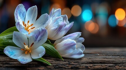 Delicate white and purple tulips on weathered wood, blurred bokeh background