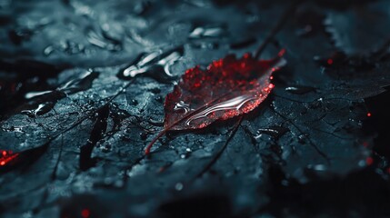 Close-up view of a crimson leaf on dark, wet bark.