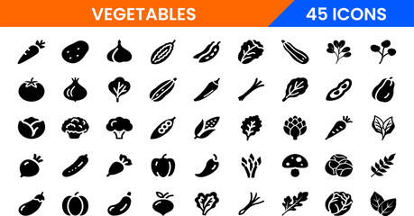 Vegetables vector icon set. Black and white food pictogram collection.