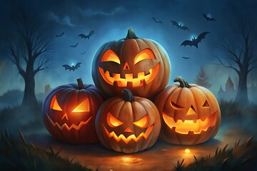 Spooky jack o lantern pumpkins glow in the dark night with bats flying around a haunted scene