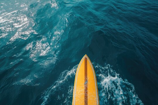 A yellow surfboard on the blue ocean an aerial view.