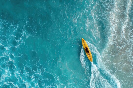 A yellow surfboard on the blue ocean an aerial view.