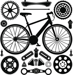 Collection of black bicycle parts and components arranged on a white background