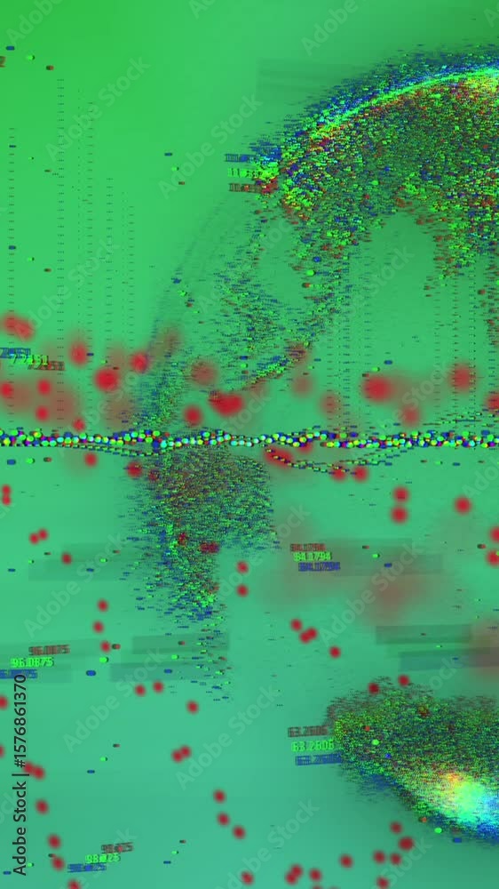 Poster animation of red dots forming dna helix over changing numbers around globe on abstract background