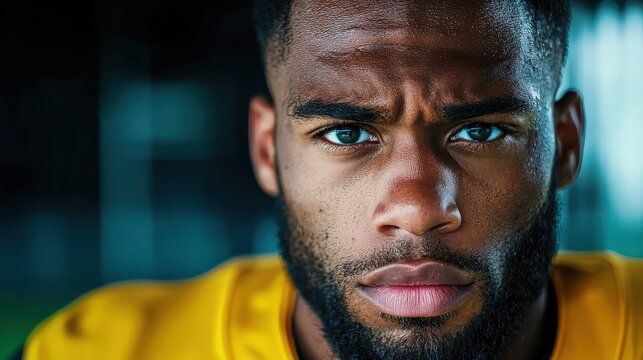 A professional football player standing on the sideline with a determined look,