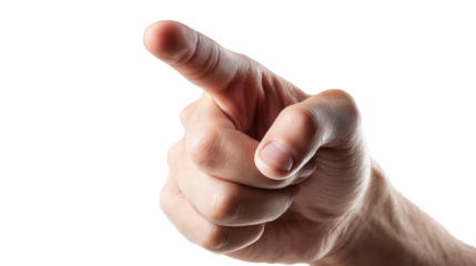 A close-up of a hand pointing, indicating a direction or giving a command, isolated on a white background.
