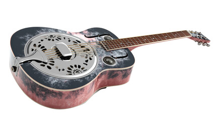 A vintage resonator guitar with a unique design, displayed on a white isolated background.