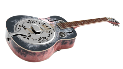 A vintage resonator guitar with a unique design, displayed on a white isolated background.