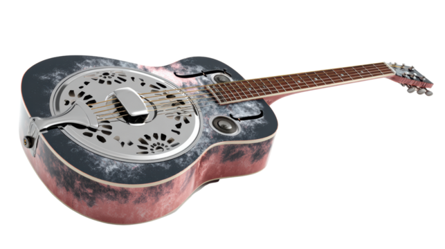 A vintage resonator guitar with a unique design, displayed on a white isolated background.