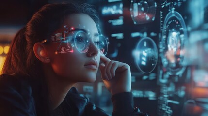 Futuristic Woman with AR Glasses Exploring Digital Interfaces