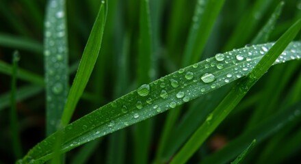 Closeup of Dew Drops on Lush Green Grass Blades