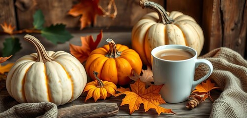 White coffee in autumn Pumpkins & warm wood Cozy scene, photography, still life