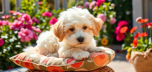 Cream Cavapoo dog rests on floral cushion, sunny garden, petphotography, sweet
