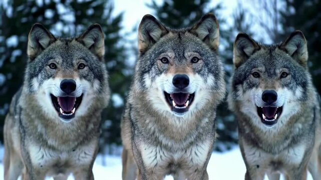 Three wolves in snowy forest