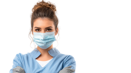 Confident healthcare worker wearing a face mask, arms crossed, isolated on white background.