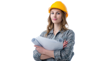 Confident woman architect holding blueprints, wearing a yellow hard hat, on a white isolated background.