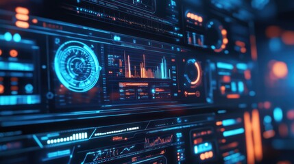 Fototapeta premium Futuristic Technology Interface: Digital Dashboard Display with Neon Blue and Orange Hues