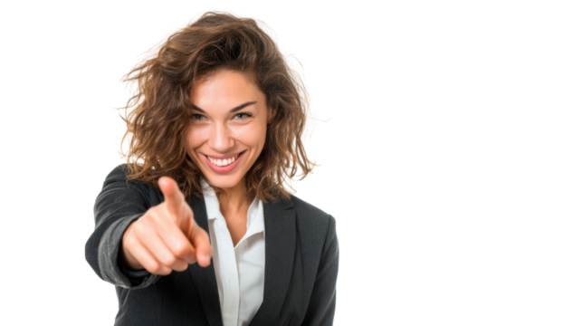 Confident businesswoman pointing and smiling on a white isolated background.