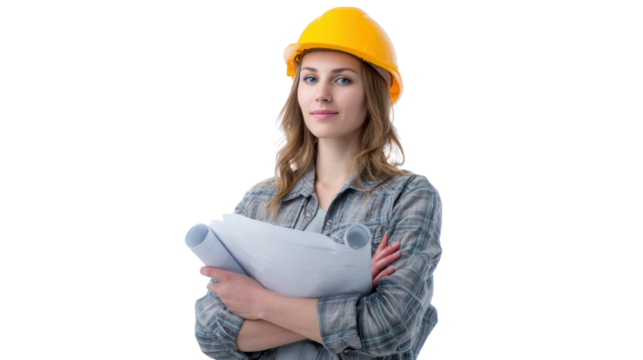 Confident woman architect holding blueprints, wearing a yellow hard hat, on a white isolated background.