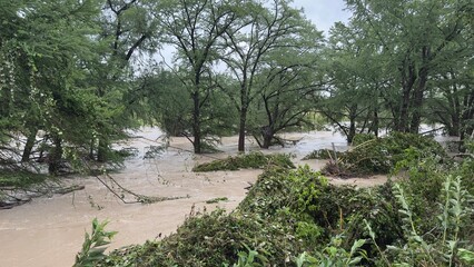 Spring Branch, Texas, USA - July 5, 2025: Guadalupe River after July 4, 2025 floods