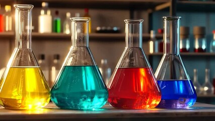 Four laboratory flasks filled with colorful liquids, showcasing a scientific experiment. - Powered by Adobe