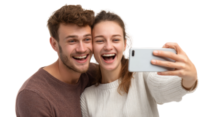 Couple taking a happy selfie together, joyful expressions, isolated on white background.