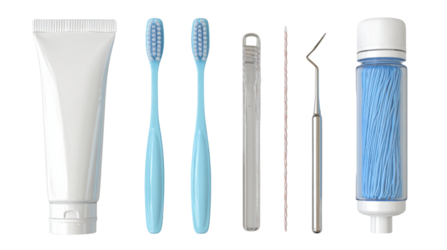 Dental care essentials including toothbrushes, toothpaste, and floss on a white background.