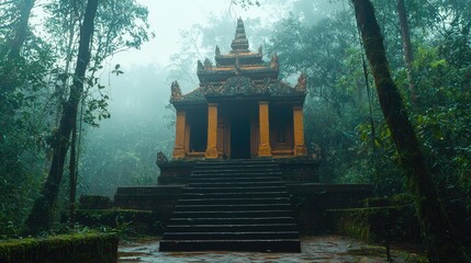 Misty temple nestled within a lush jungle.