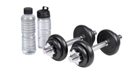 Dumbbells and water bottles, ideal for fitness and workout routines, isolated on a white background.